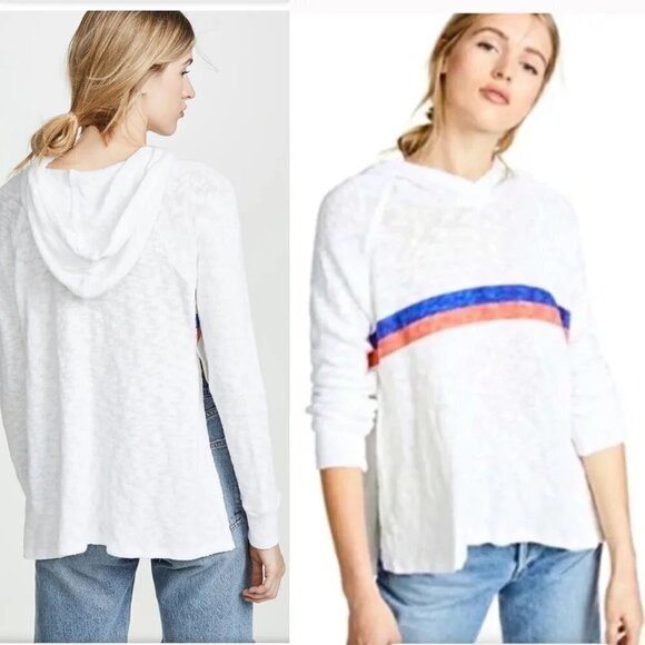 New Sundry Slit Striped Hooded White Pullover Sweatshirt NWT 0/XS - Picture 1 of 14
